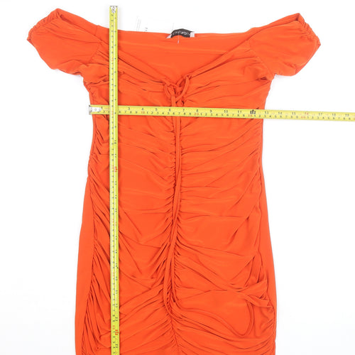 Premier Glam Women Orange Off Shoulder Ruched Bodycon Dress Size 12
