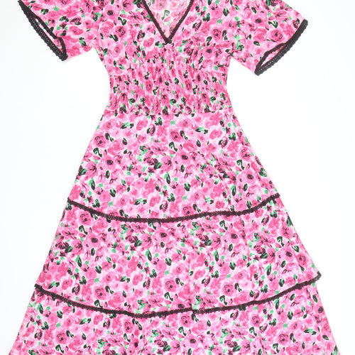 Savida Women's Pink Floral Midi Fit & Flare Dress Size 10