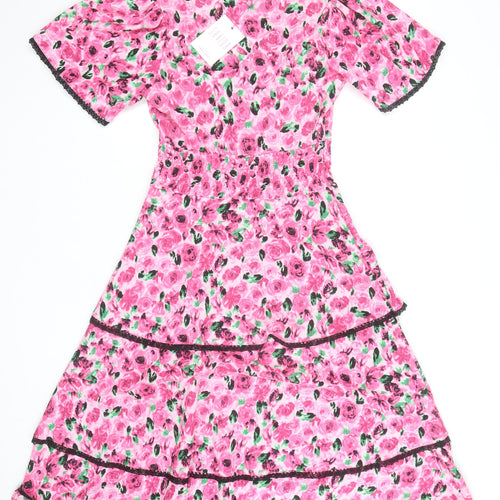 Savida Women's Pink Floral Midi Fit & Flare Dress Size 10