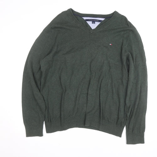 Tommy Hilfiger Mens Green V-Neck Cotton Jumper Size L