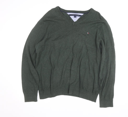 Tommy Hilfiger Mens Green V-Neck Cotton Jumper Size L