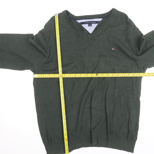 Tommy Hilfiger Mens Green V-Neck Cotton Jumper Size L