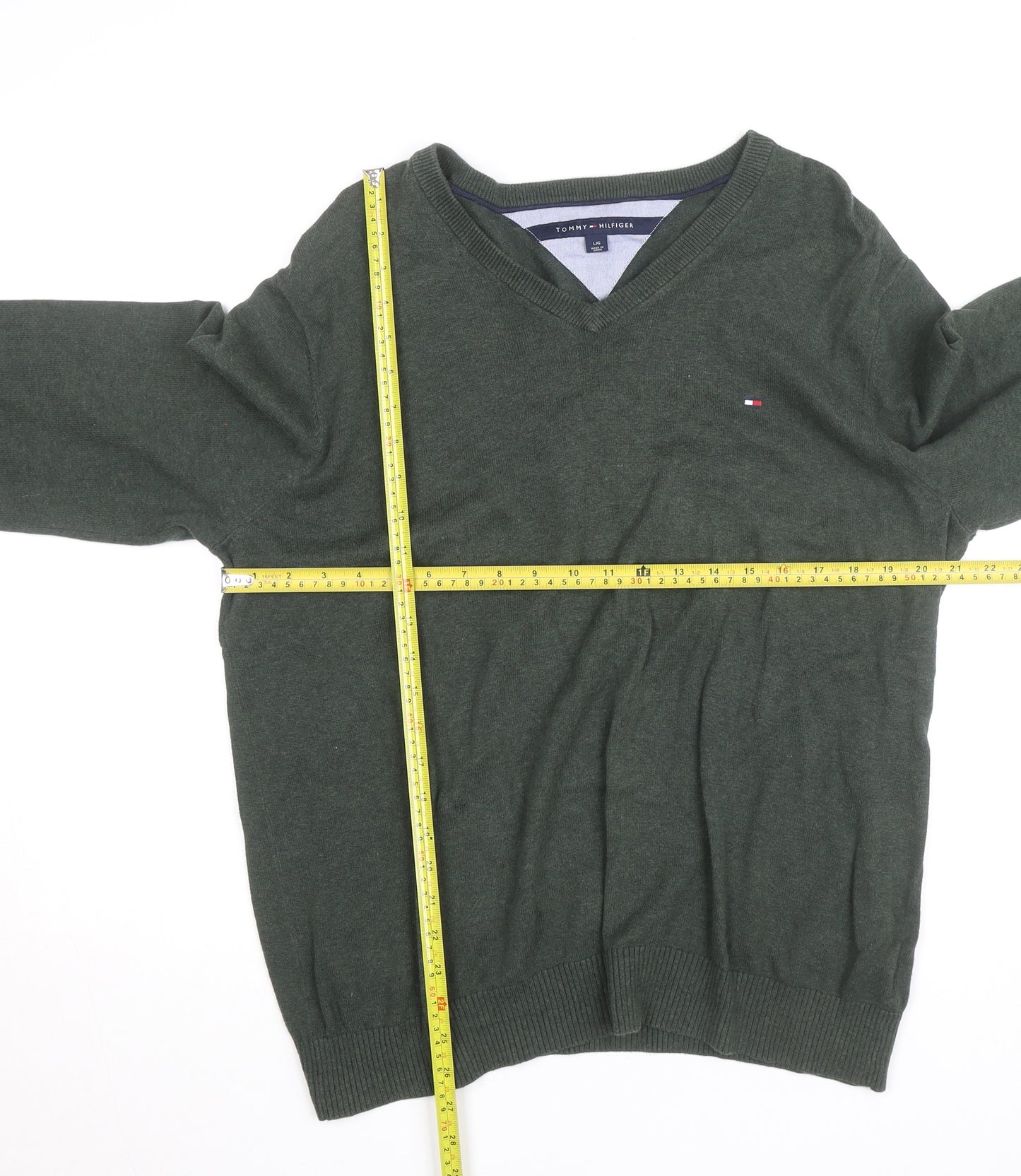 Tommy Hilfiger Mens Green V-Neck Cotton Jumper Size L