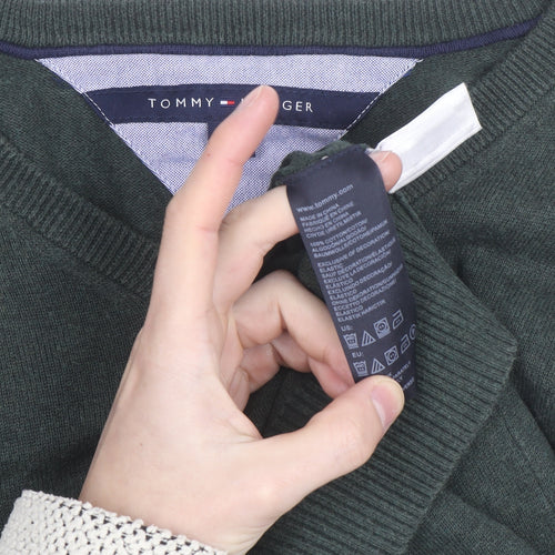 Tommy Hilfiger Mens Green V-Neck Cotton Jumper Size L