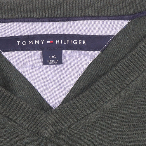 Tommy Hilfiger Mens Green V-Neck Cotton Jumper Size L