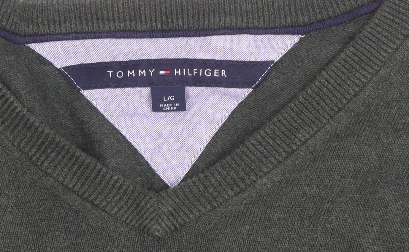 Tommy Hilfiger Mens Green V-Neck Cotton Jumper Size L