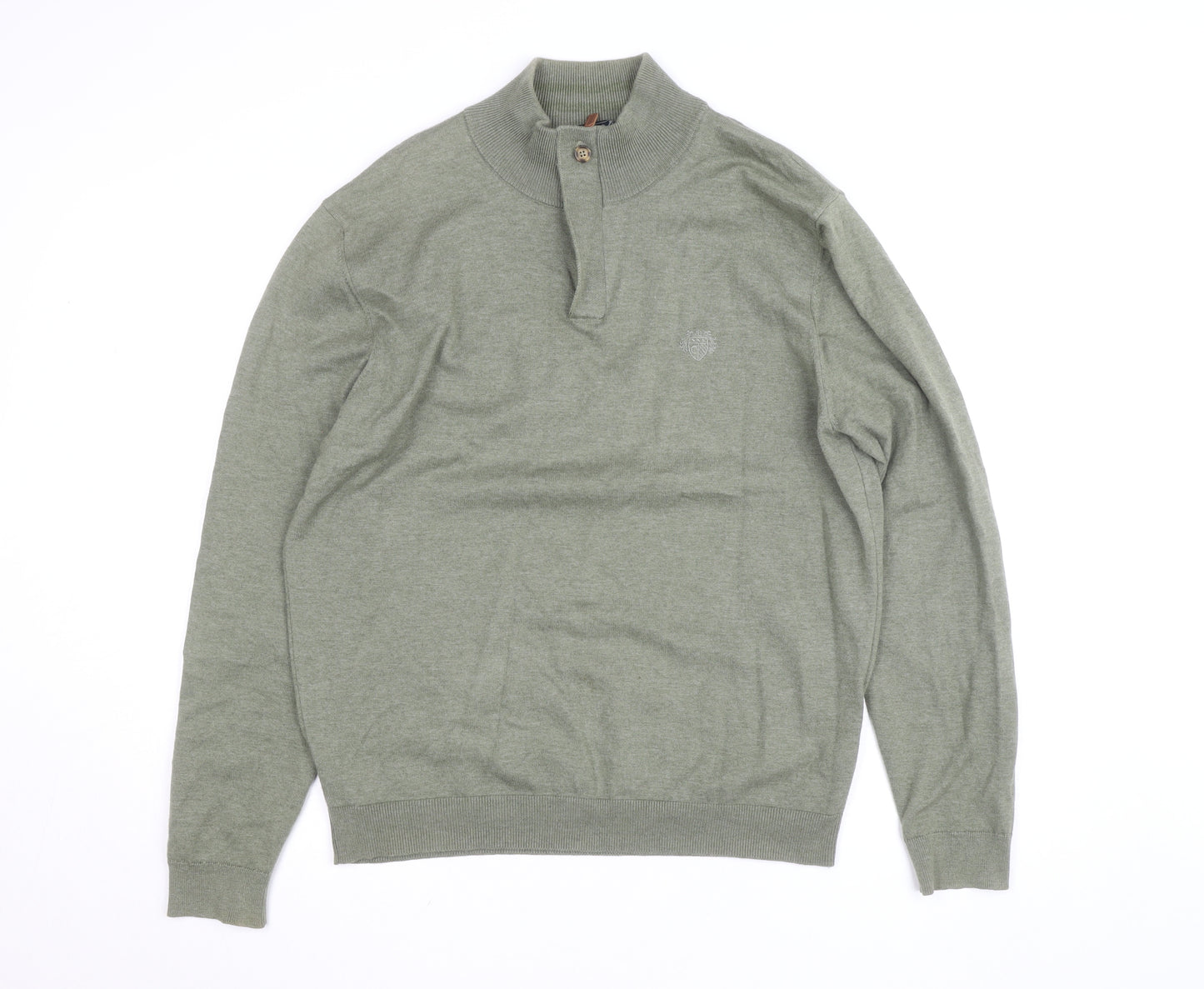 Paul Costelloe Men’s Green Henley Jumper L High Neck Cotton Blend