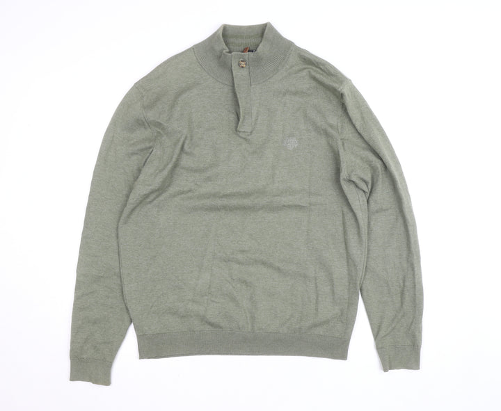 Paul Costelloe Men’s Green Henley Jumper L High Neck Cotton Blend