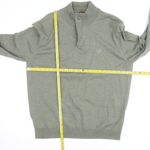 Paul Costelloe Men’s Green Henley Jumper L High Neck Cotton Blend