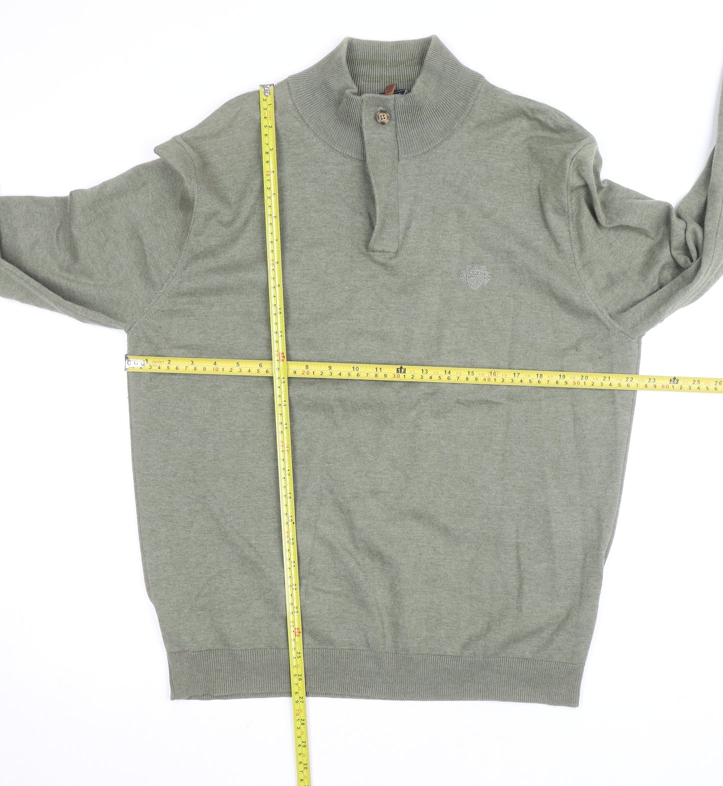 Paul Costelloe Men’s Green Henley Jumper L High Neck Cotton Blend
