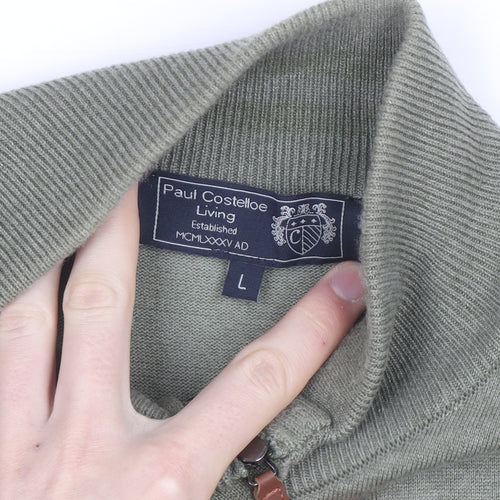 Paul Costelloe Men’s Green Henley Jumper L High Neck Cotton Blend