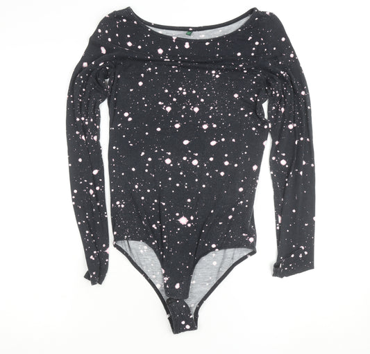 Benetton Women Black Pink Long Sleeve Bodysuit Size M