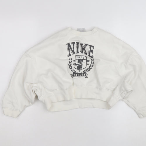 Nike Women’s White Crew Neck Pullover Sweatshirt Size 12 with Logo Print