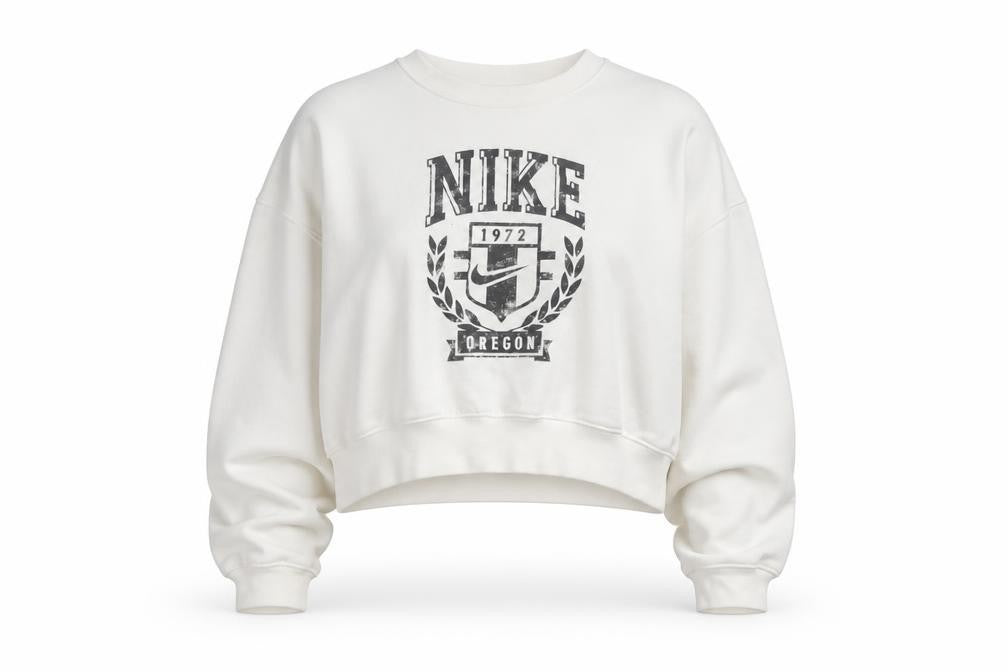 Front view of Nike Women’s White Crew Neck Pullover Sweatshirt, size UK 12, with Logo Print