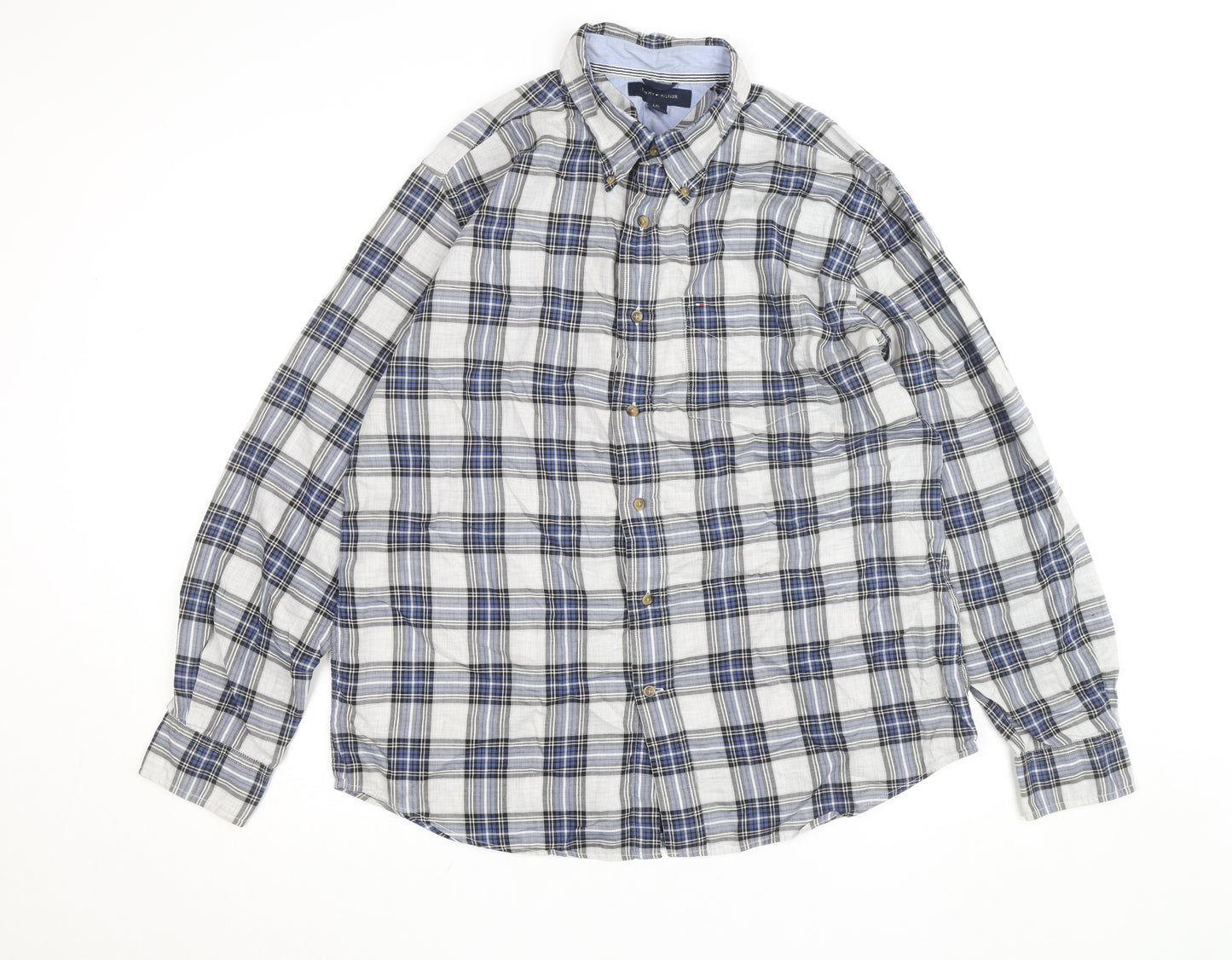 Tommy Hilfiger Men's Blue Plaid Button-Down Long Sleeve Cotton Shirt L