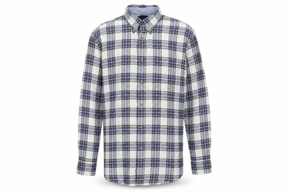 Front view of Tommy Hilfiger Men's Blue Plaid Button-Down Long Sleeve Cotton Shirt L