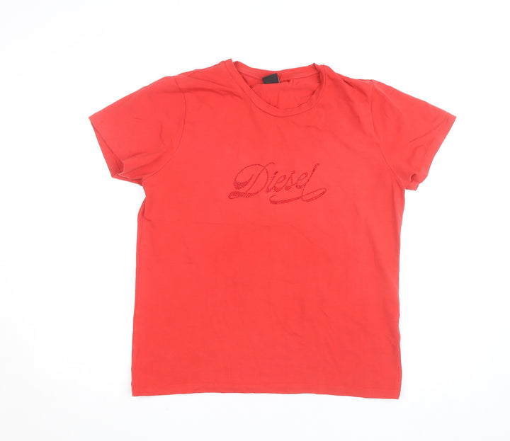 Diesel Women's Red Short Sleeve Cotton Stretch T-Shirt XL
