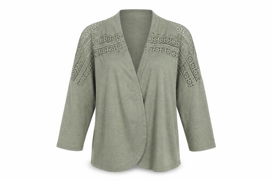 Front view of Dunnes Women’s Green Crochet Detail Kimono Blouse M