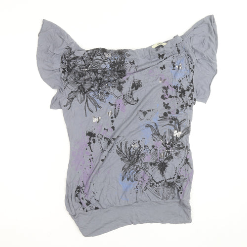 Oasis Women’s Grey Floral Butterfly Short Sleeve Viscose T-Shirt Size S