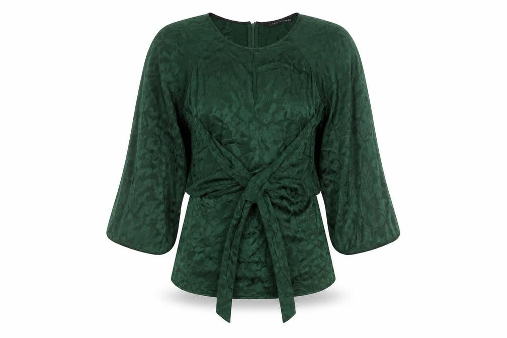 Zara Woman Green Wrap Jacquard Blouse Size M 3/4 Sleeve