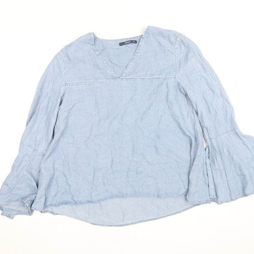 ONLY Women's Blue Cotton Tunic Blouse Size 10 V-Neck Bell Sleeve