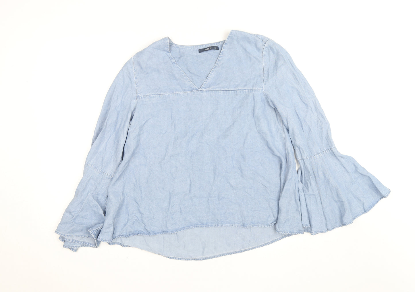 ONLY Women's Blue Cotton Tunic Blouse Size 10 V-Neck Bell Sleeve