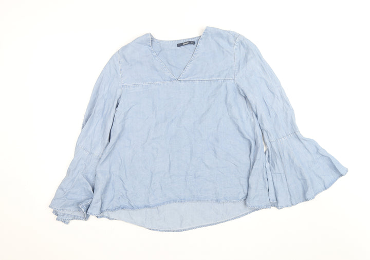 ONLY Women's Blue Cotton Tunic Blouse Size 10 V-Neck Bell Sleeve