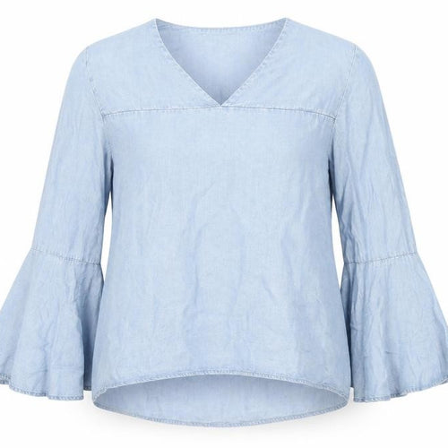 ONLY Women's Blue Cotton Tunic Blouse Size 10 V-Neck Bell Sleeve
