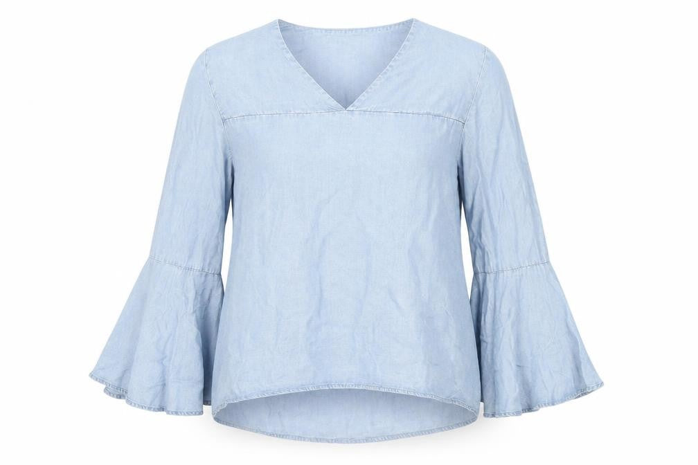 ONLY Women's Blue Cotton Tunic Blouse Size 10 V-Neck Bell Sleeve