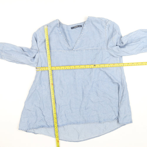 ONLY Women's Blue Cotton Tunic Blouse Size 10 V-Neck Bell Sleeve