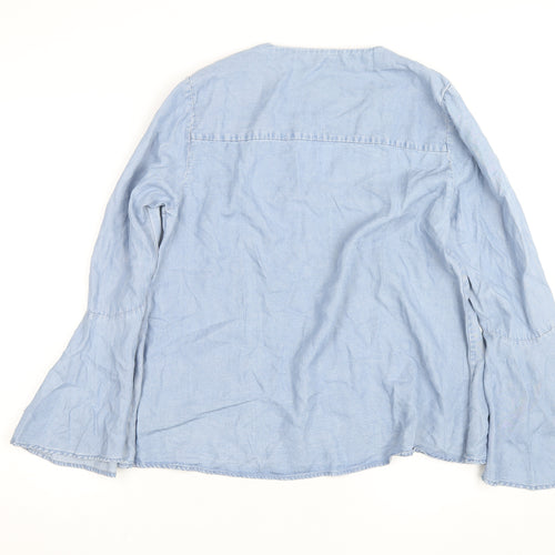 ONLY Women's Blue Cotton Tunic Blouse Size 10 V-Neck Bell Sleeve