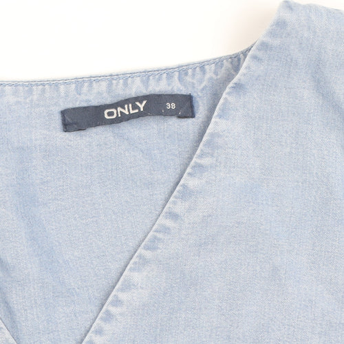 ONLY Women's Blue Cotton Tunic Blouse Size 10 V-Neck Bell Sleeve