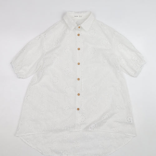 SHEIN White Floral Embroidered Button-Up Shirt Teens L