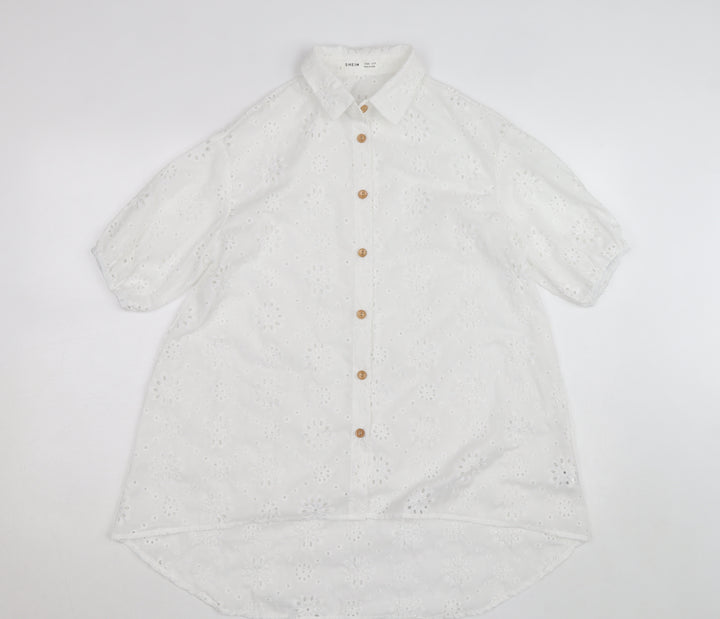 SHEIN White Floral Embroidered Button-Up Shirt Teens L