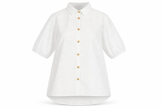 Front view of SHEIN White Floral Embroidered Button-Up Shirt Teens L