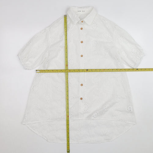 SHEIN White Floral Embroidered Button-Up Shirt Teens L
