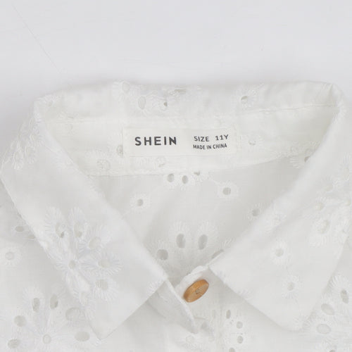 SHEIN White Floral Embroidered Button-Up Shirt Teens L