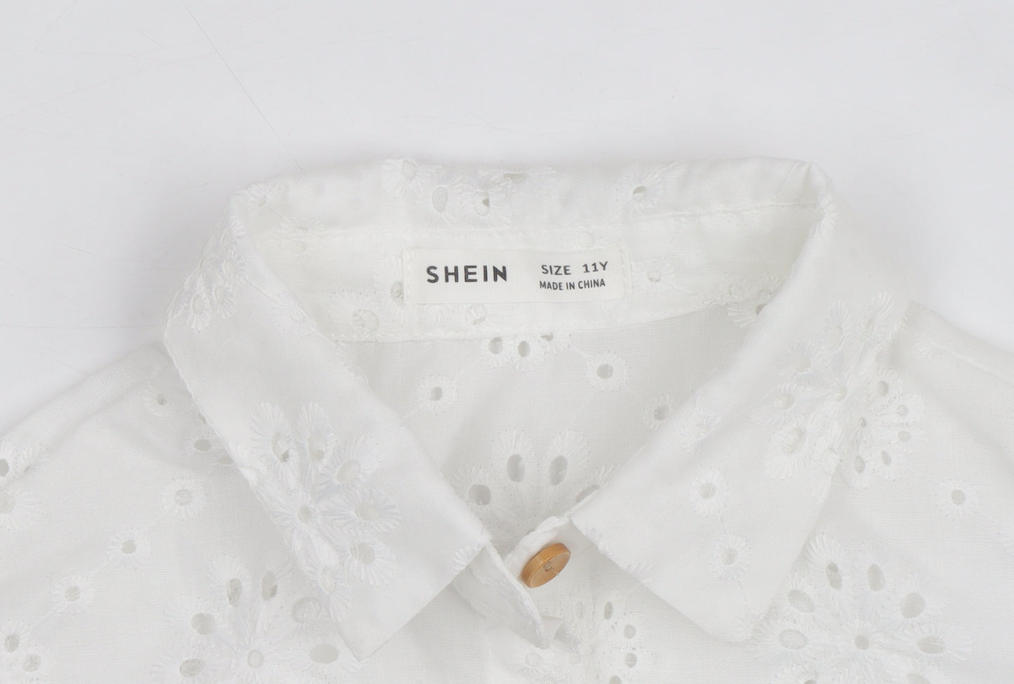 SHEIN White Floral Embroidered Button-Up Shirt Teens L