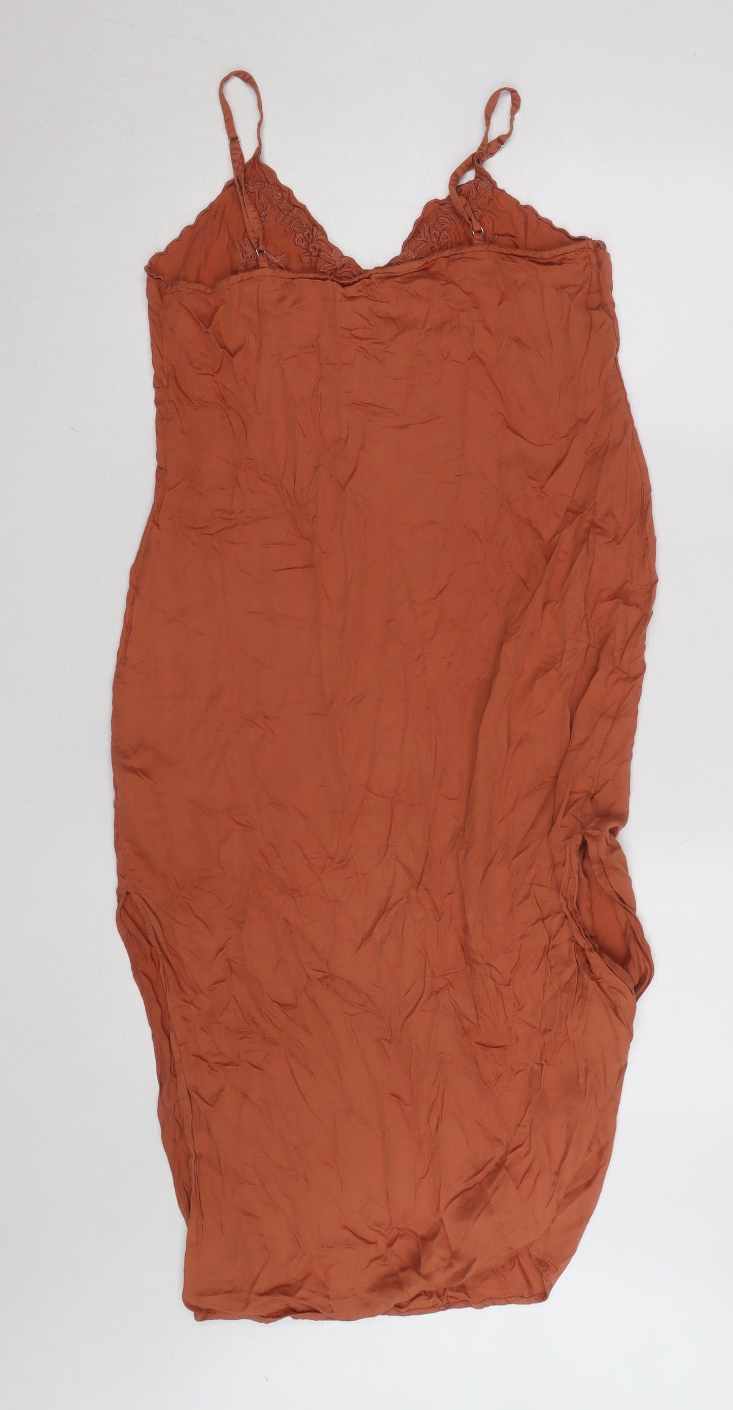 River Island Women's Brown Embroidered Slip Dress Size 8 Midi