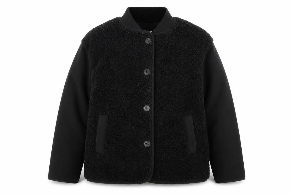 Front view of ASOS DESIGN Men's Black Faux Fur Bomber Jacket, size S