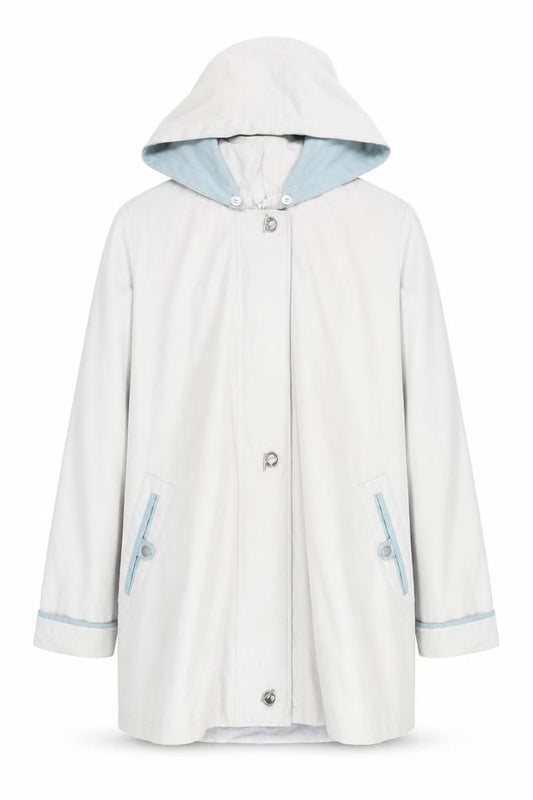 Front view of Aberille unisex white hooded rain coat, size 16, mid-length cotton blend