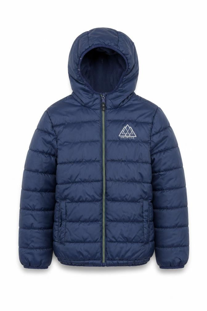Front view of Studio boys’ blue hooded puffer jacket 7-8 years polyester mid-length