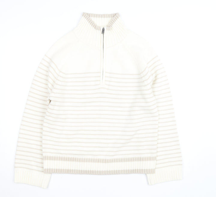 Dunnes Stores Women Ivory Striped 1/4 Zip High Neck Jumper Size 14