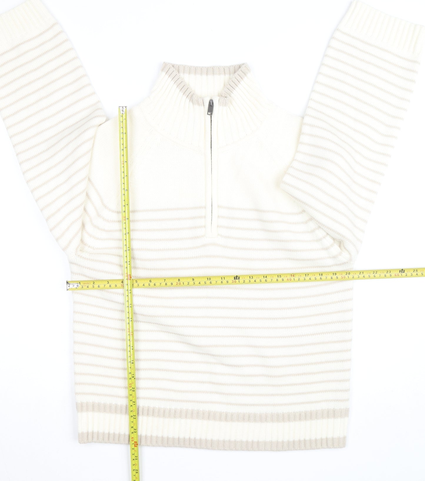 Dunnes Stores Women Ivory Striped 1/4 Zip High Neck Jumper Size 14