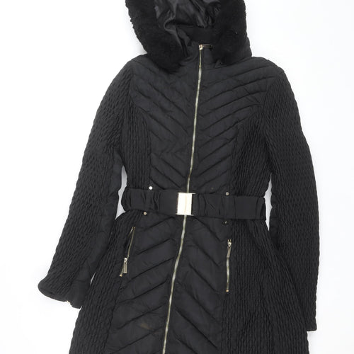Karen Millen Women's Black Long Belted Hooded Puffer Coat Size 12
