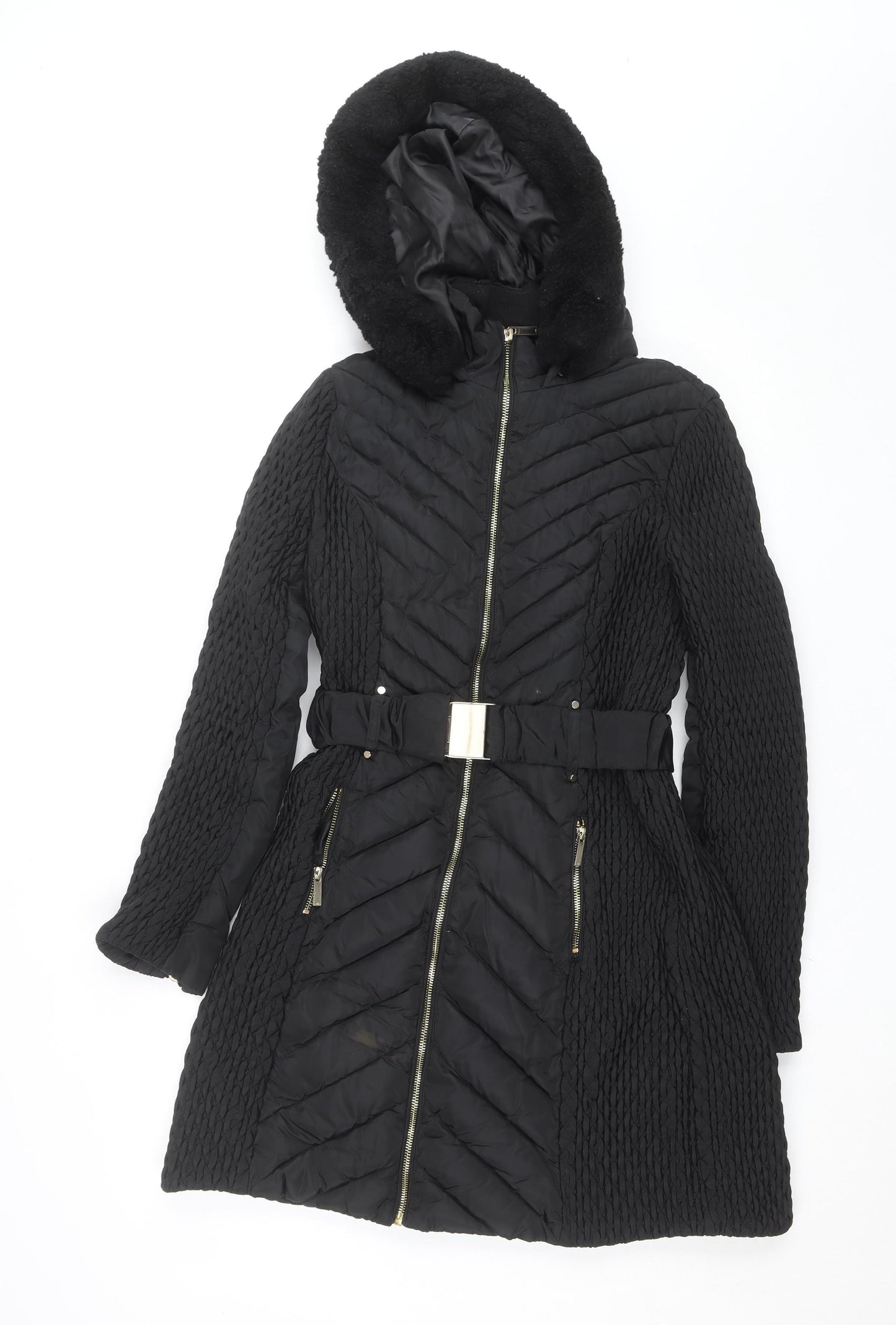 Karen Millen Women's Black Long Belted Hooded Puffer Coat Size 12