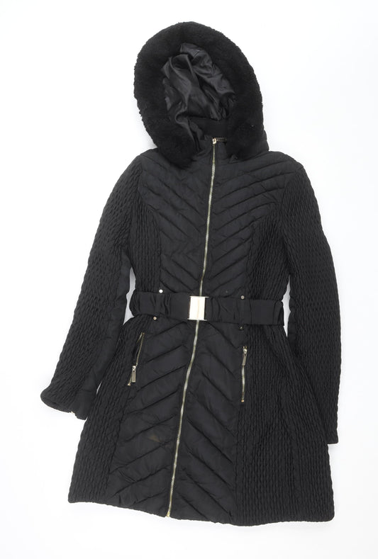 Karen Millen Women's Black Long Belted Hooded Puffer Coat Size 12