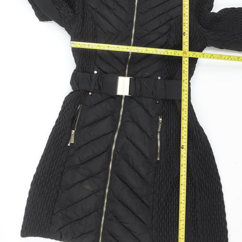 Karen Millen Women's Black Long Belted Hooded Puffer Coat Size 12