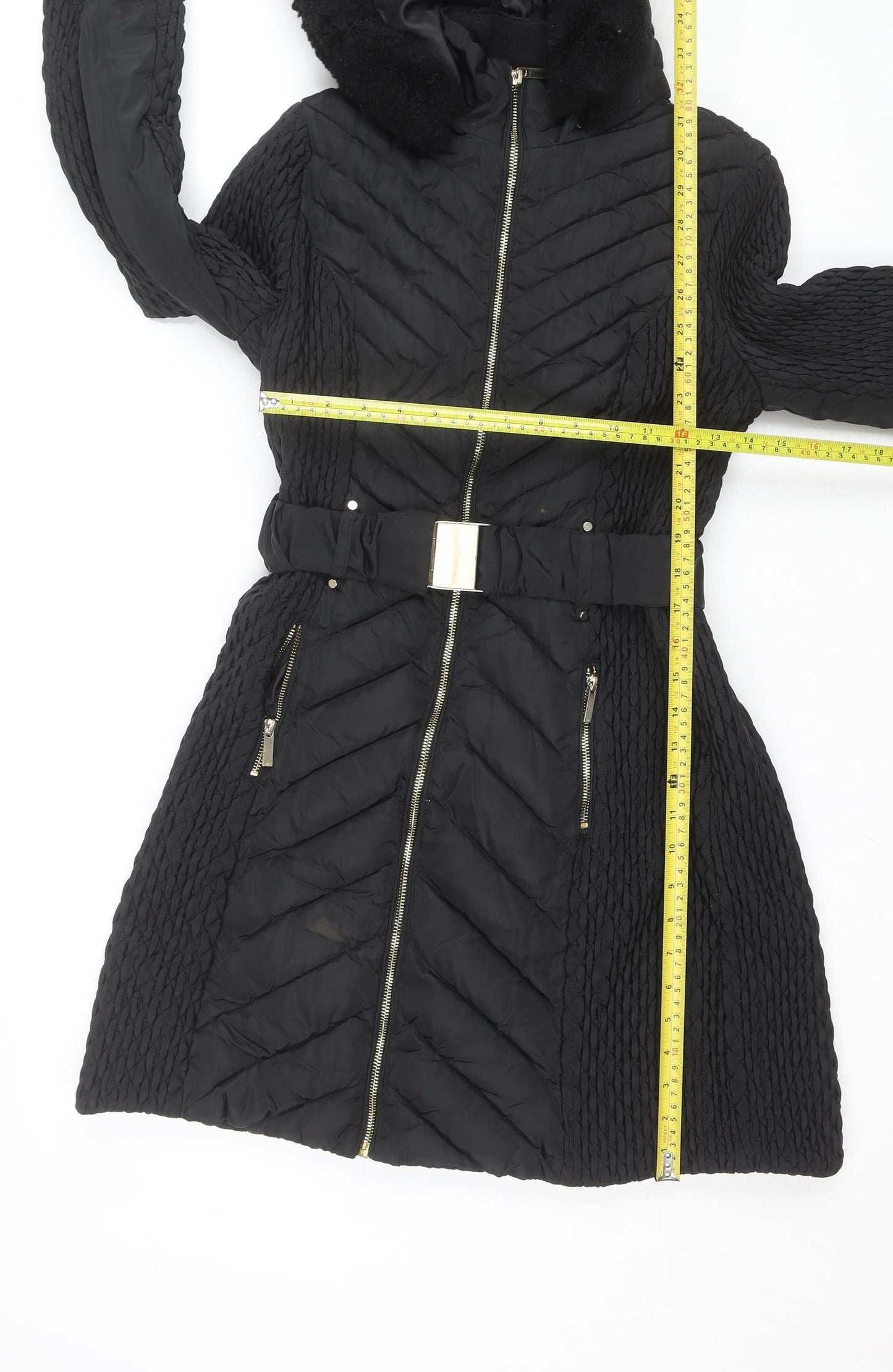 Karen Millen Women's Black Long Belted Hooded Puffer Coat Size 12