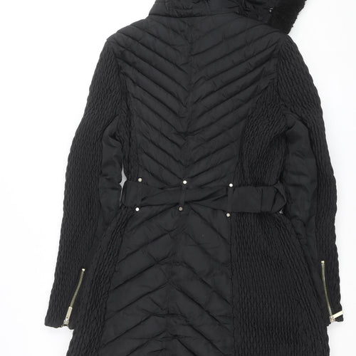 Karen Millen Women's Black Long Belted Hooded Puffer Coat Size 12